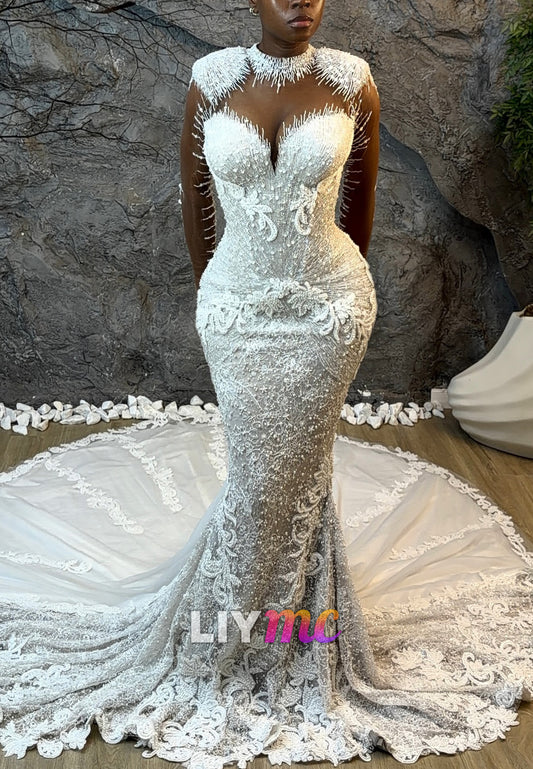 Beaded Illusion Mermaid Wedding Dress with Cathedral Train