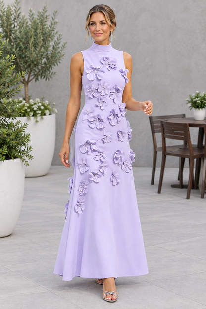 3D Floral High Neck Sleeveless Maxi Dress