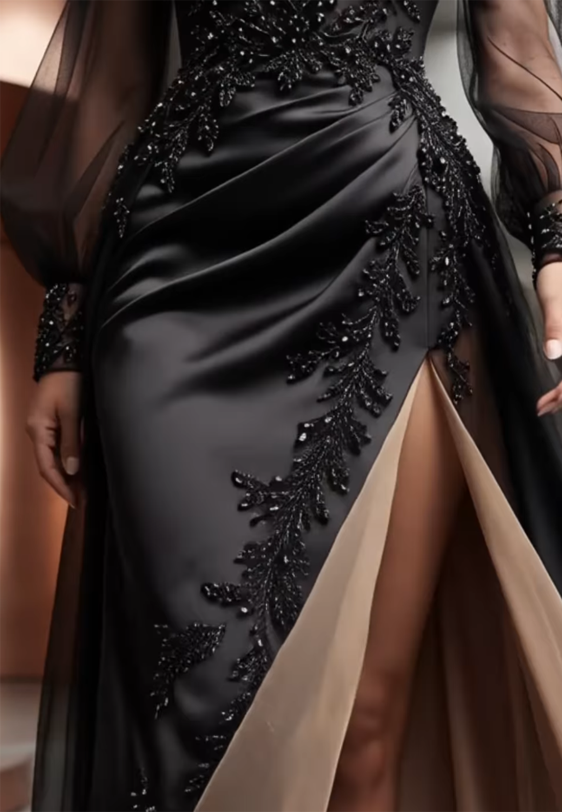 High Neck Long Sleeve Beaded Sheath Gown with High Slit