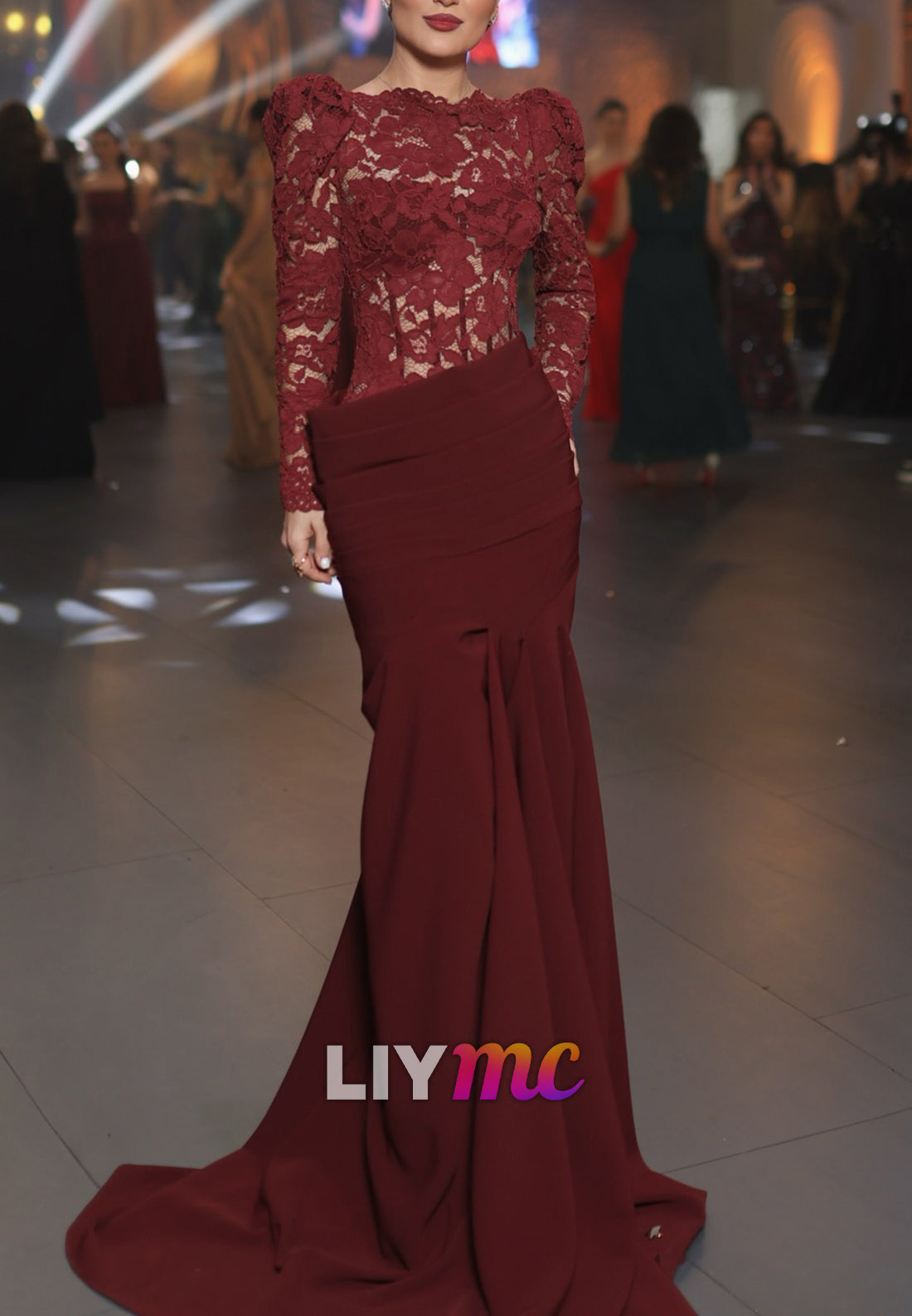 Long Sleeve Lace Mermaid Gown with Draped Waist