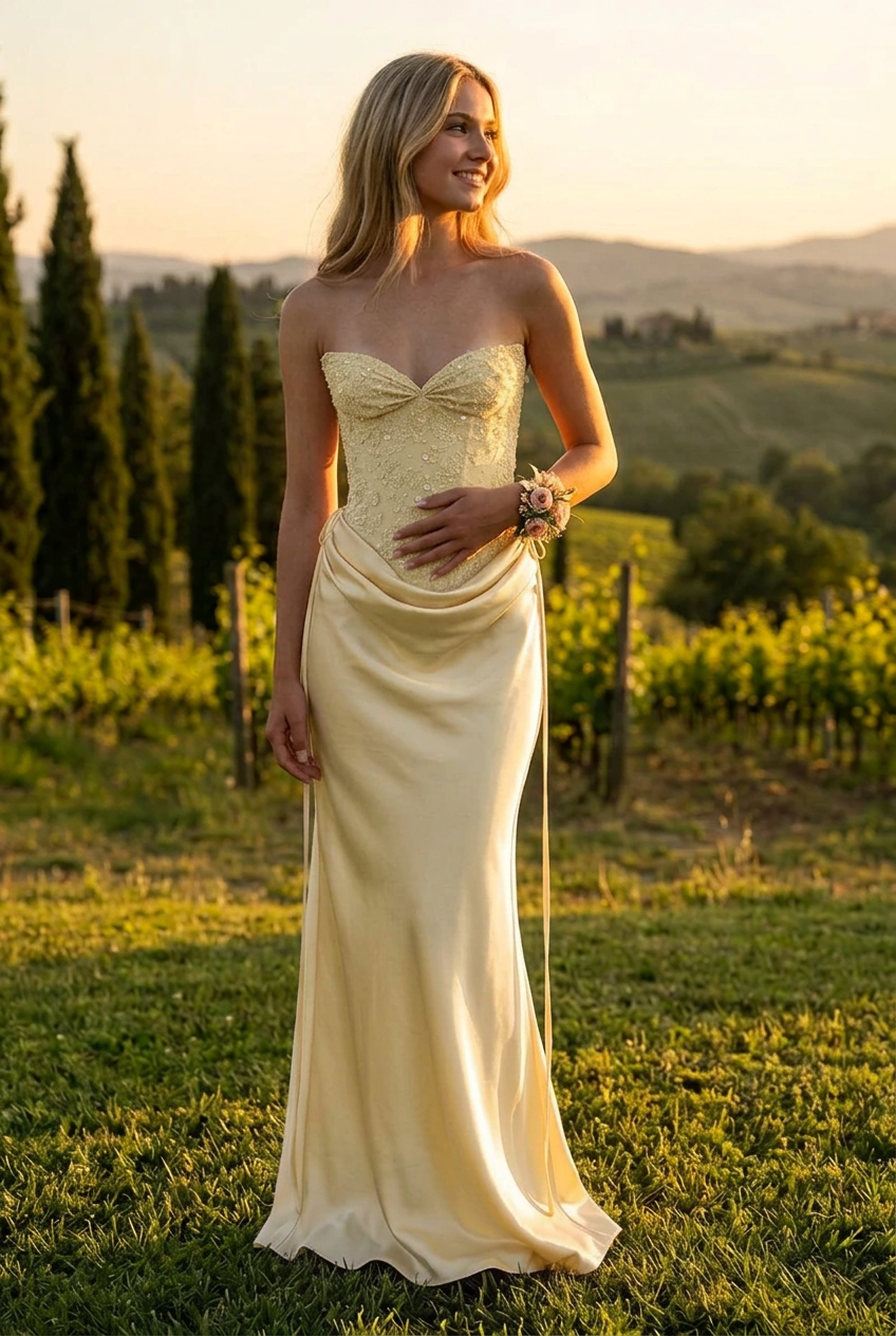 Strapless Beaded Corset Maxi Dress with Cowl