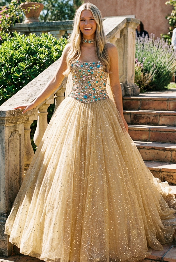 Beaded Corset Glitter Tulle Ball Gown with Cape