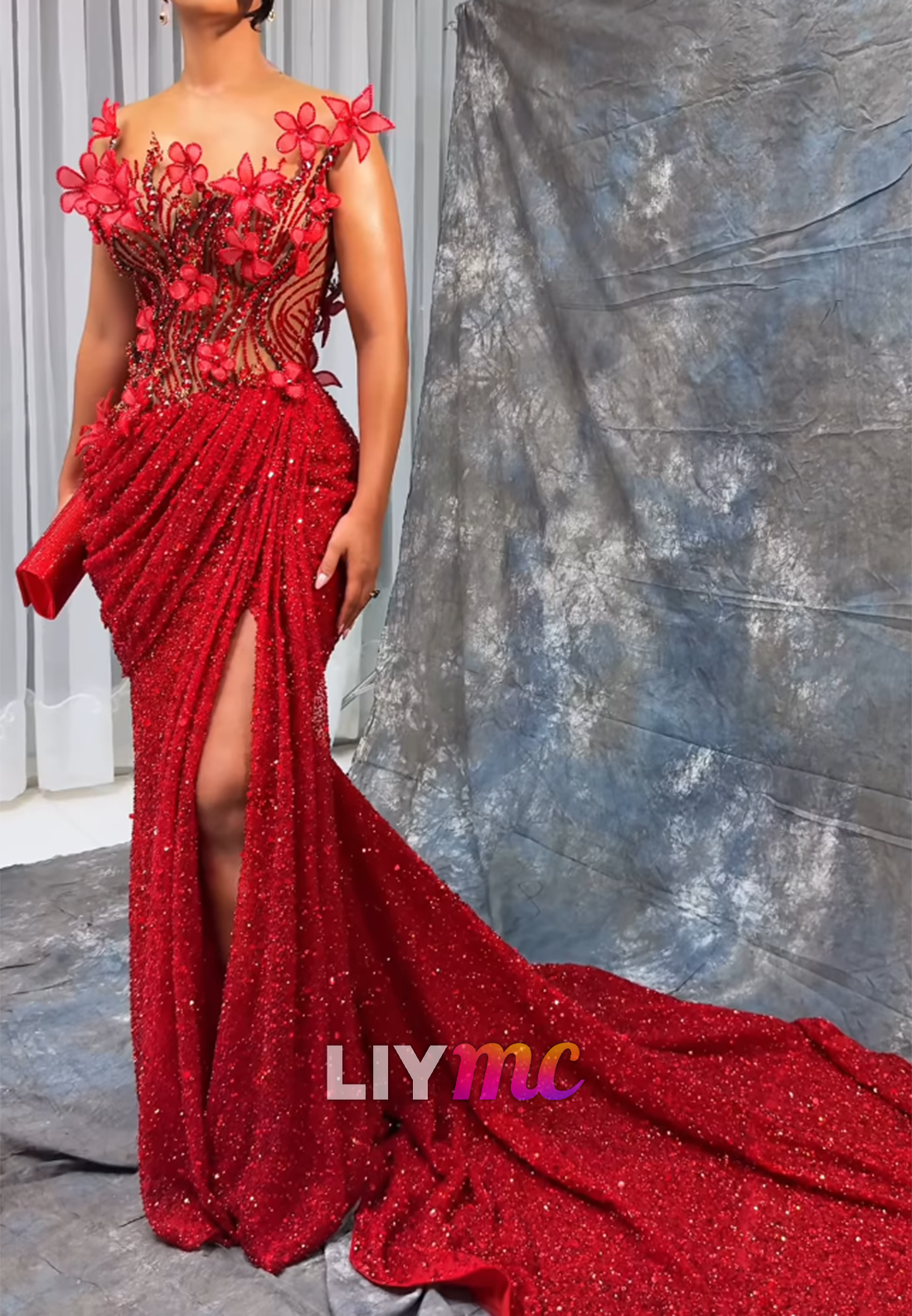 3D Floral Sequin Evening Gown with Slit