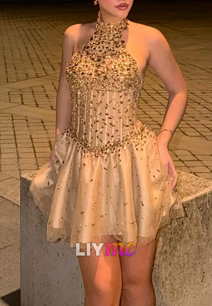 Crystal Halter Corset A-Line Mini Dress