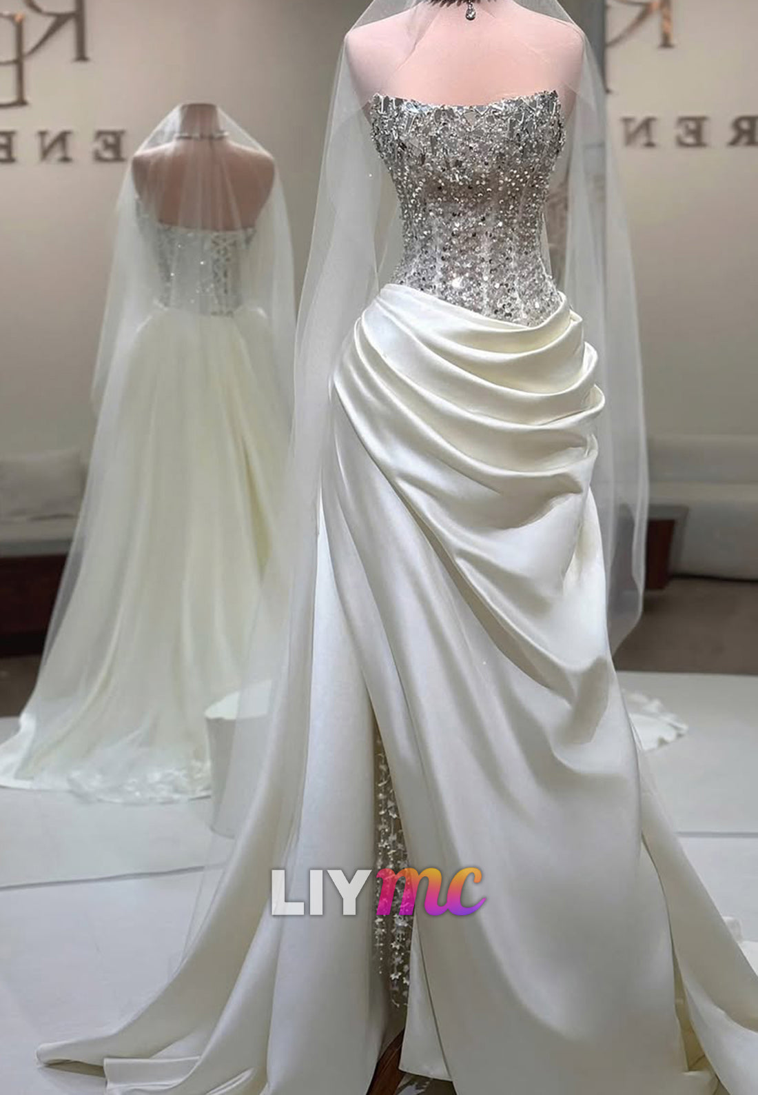 Strapless Crystal Corset Satin Wedding Dress