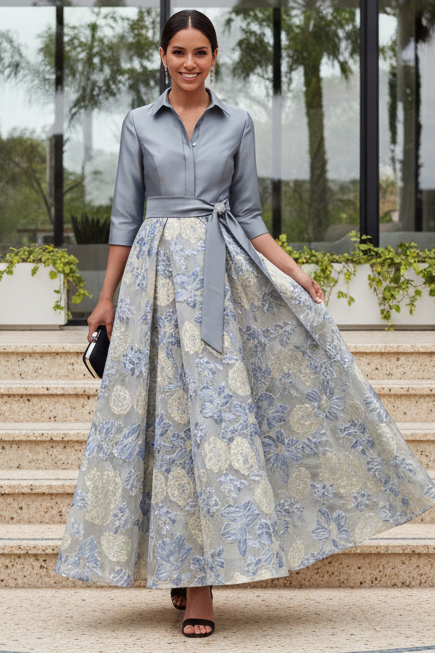 Collared Brocade A-Line Gown with Tie Belt