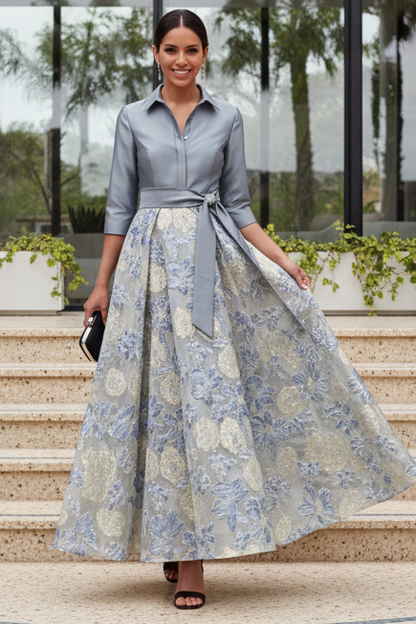 Collared Brocade A-Line Gown with Tie Belt