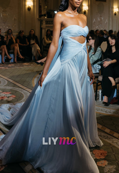 Strapless Pleated Chiffon Gown with Cut-Out