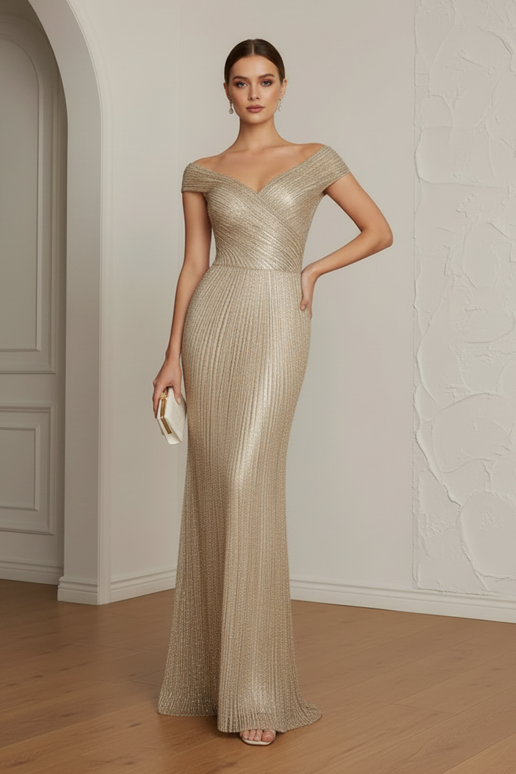 Off-the-Shoulder Pleated Metallic Evening Gown