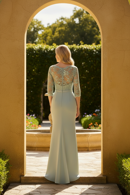 Illusion Lace Sleeve Evening Gown with High Slit Skirt
