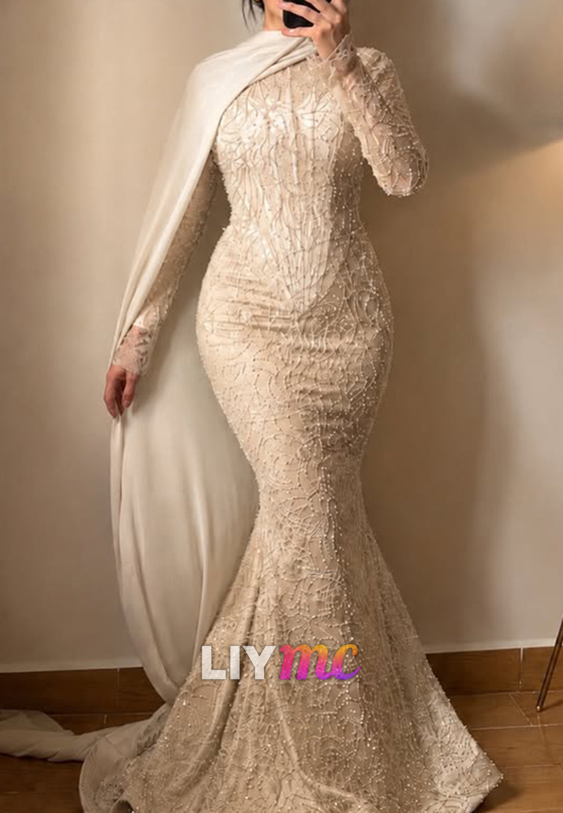 Long Sleeve High Neck Mermaid Dress with Cape