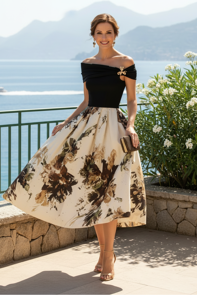 Off-Shoulder Floral Print Midi Dress with Pleated Bodice