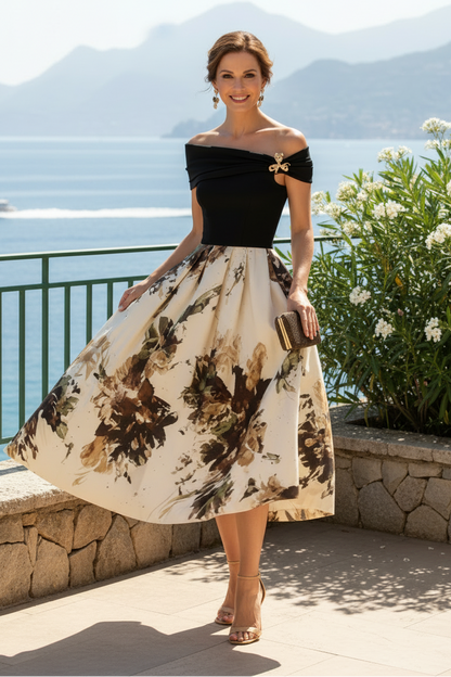Off-Shoulder Floral Print Midi Dress with Pleated Bodice
