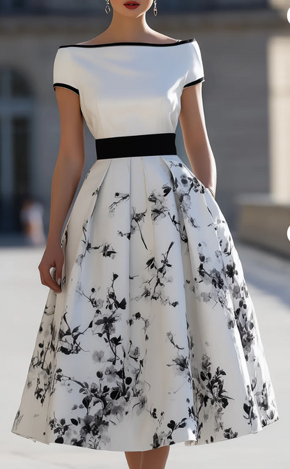 Vintage Floral A-Line Midi Dress with Pockets