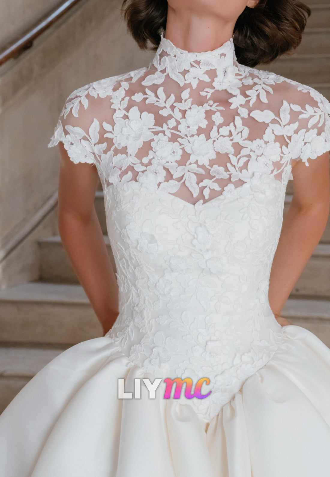High Neck Lace Illusion Satin Ball Gown Wedding Dress