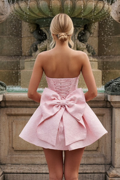 Strapless Jacquard Mini Dress with Back Bow