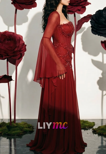 Bell Sleeve Beaded Corset Chiffon Gown