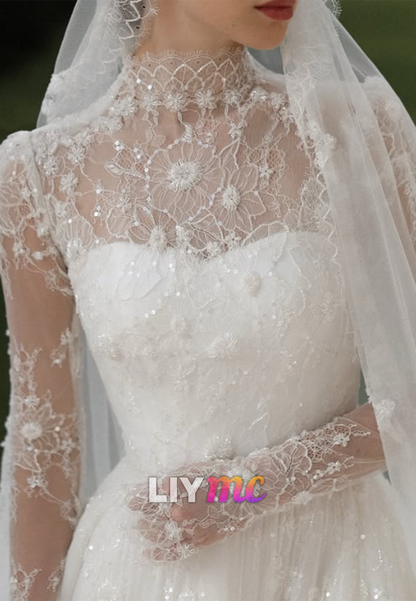 High Neck Lace Wedding Dress with Long Sleeves