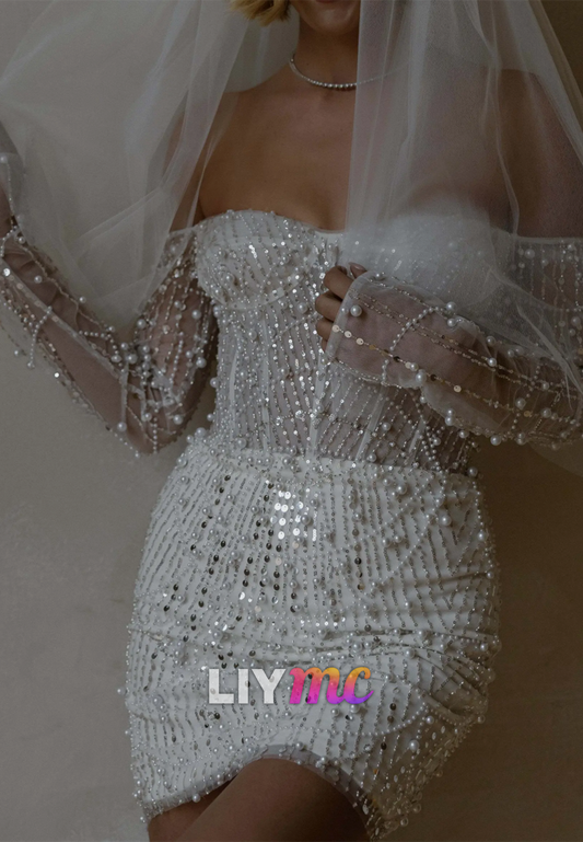 Pearl Sequin Beaded Mini Wedding Dress with Sleeves
