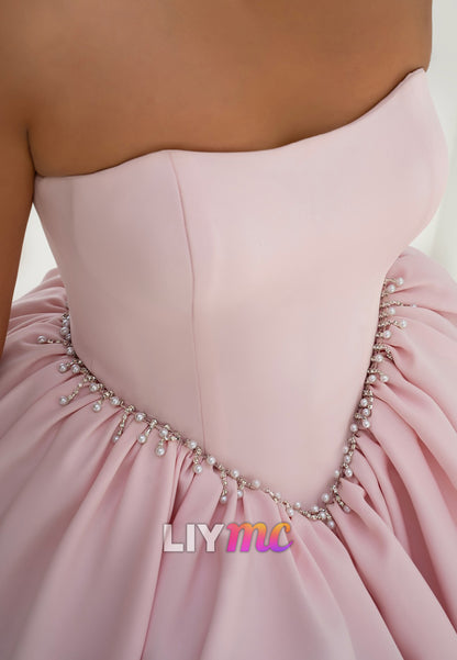 Strapless Pearl Beaded Basq Waist Mini Dress