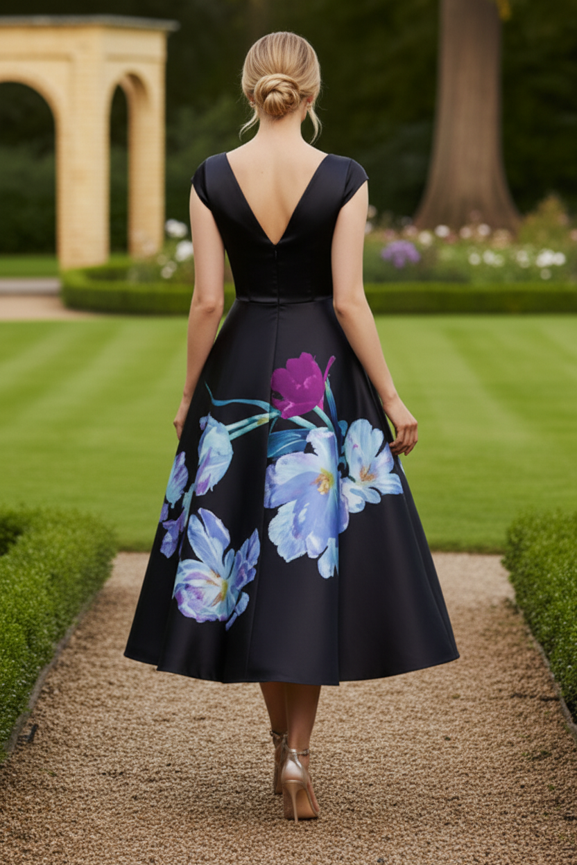 Floral Satin Bateau A-Line Tea-Length Dress