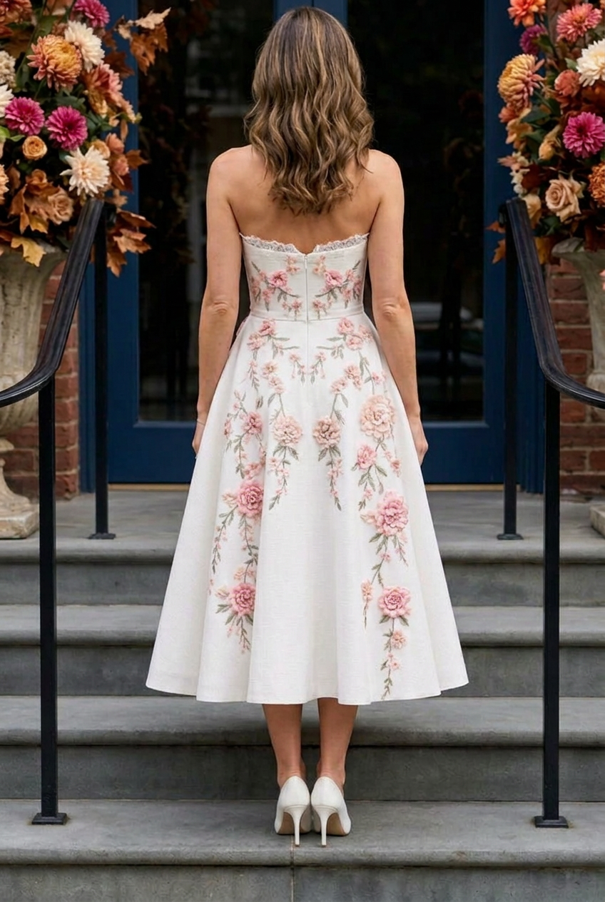 Strapless Floral Embroidered Tea-Length Dress