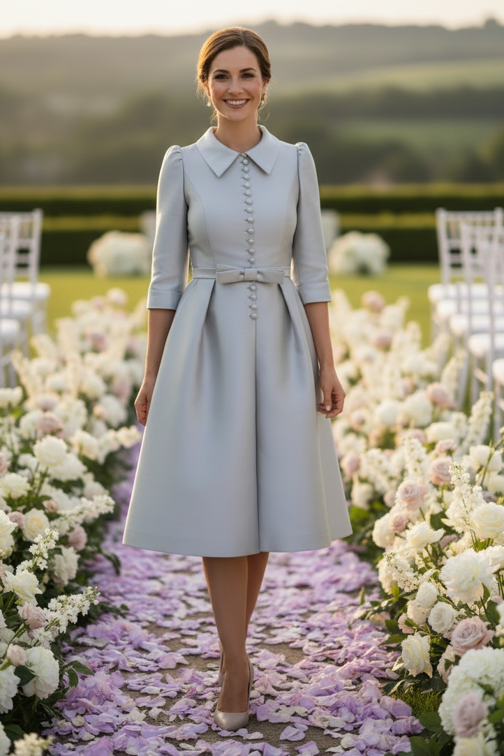 Collared Button-Front A-Line Midi Dress with Bow