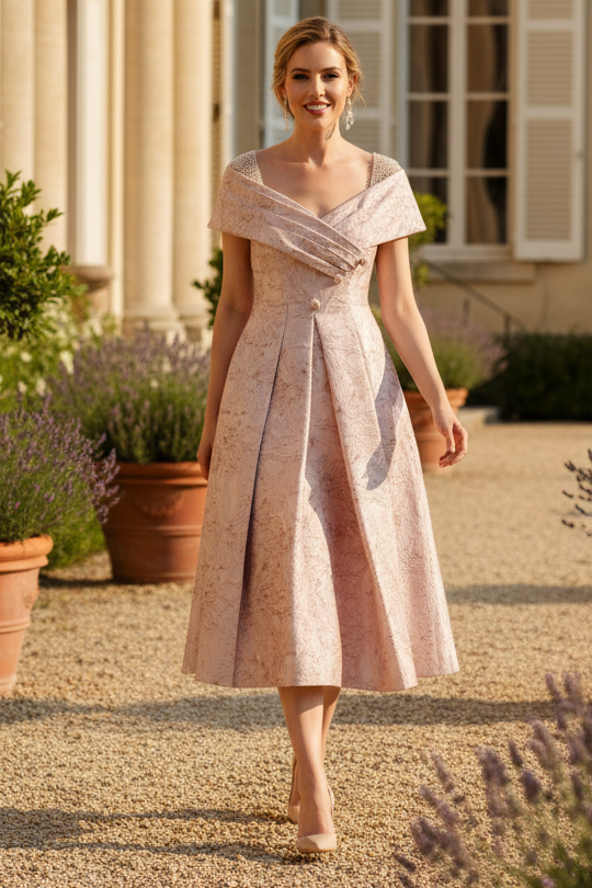 Jacquard Tea-Length Dress with Beaded Straps