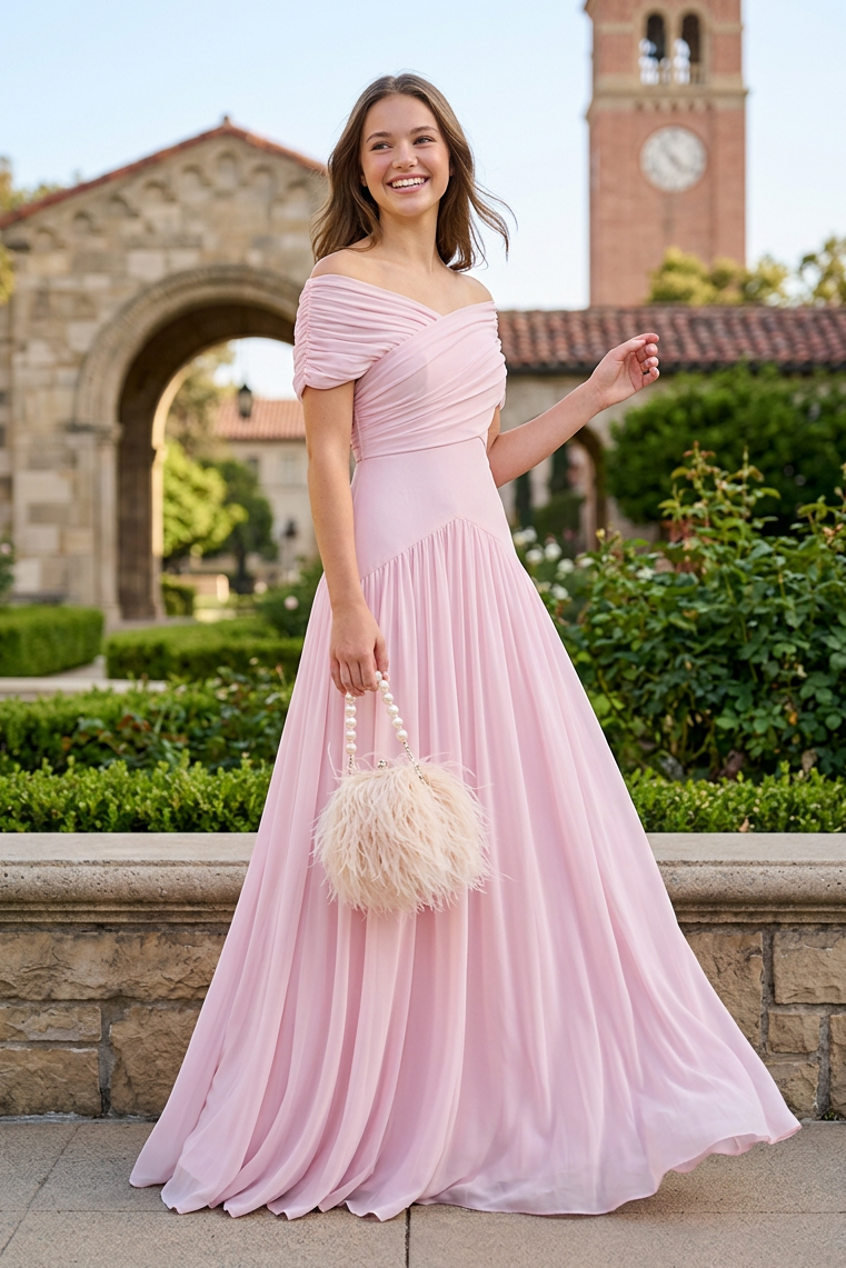 Off-the-Shoulder Pleated Gown with Basqued Waist