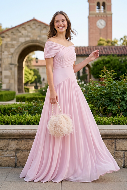 Off-the-Shoulder Pleated Gown with Basqued Waist
