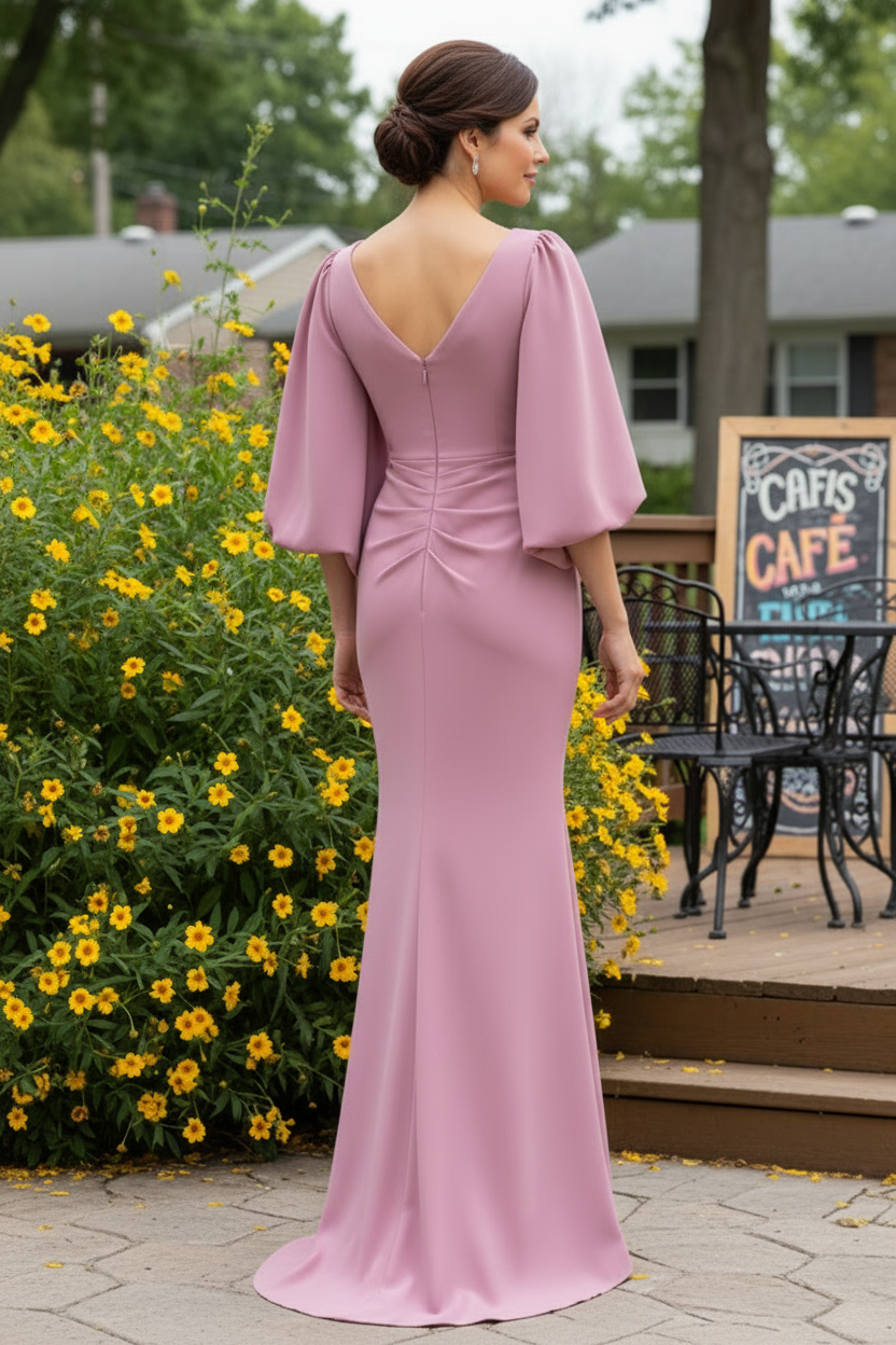 V-Neck Crepe Trumpet Gown with Puff Sleeves