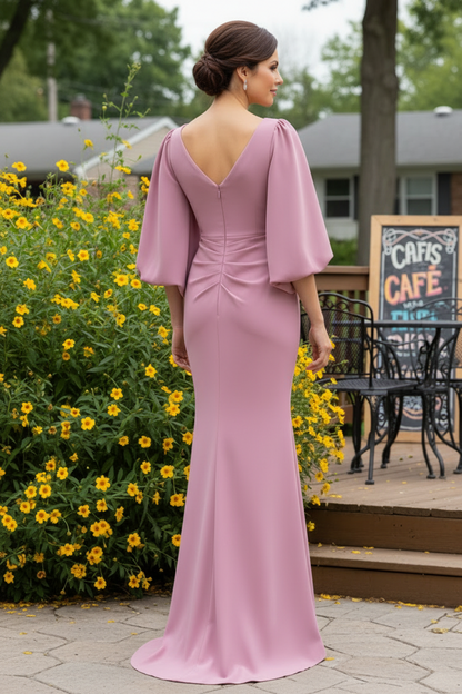 V-Neck Crepe Trumpet Gown with Puff Sleeves