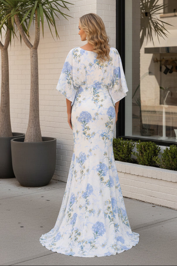 Floral Ruched Mermaid Gown with Cape Sleeves