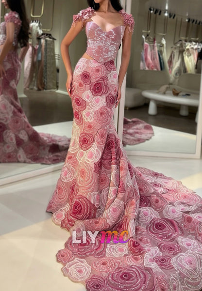 3D Floral Embroidered Mermaid Two-Piece Gown