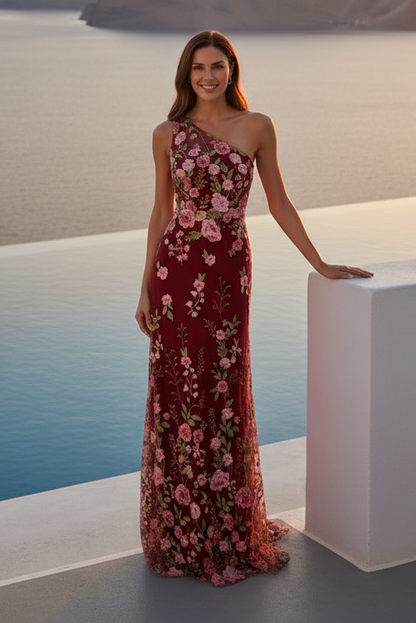 One Shoulder Floral Embroidered Evening Gown