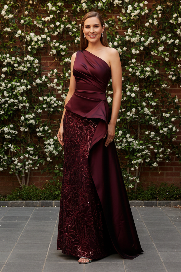 One-Shoulder Sequin Evening Gown with Peplum Drape