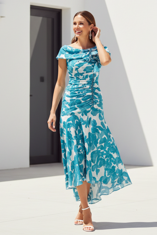 Asymmetrical Floral Ruched High-Low Midi Dress