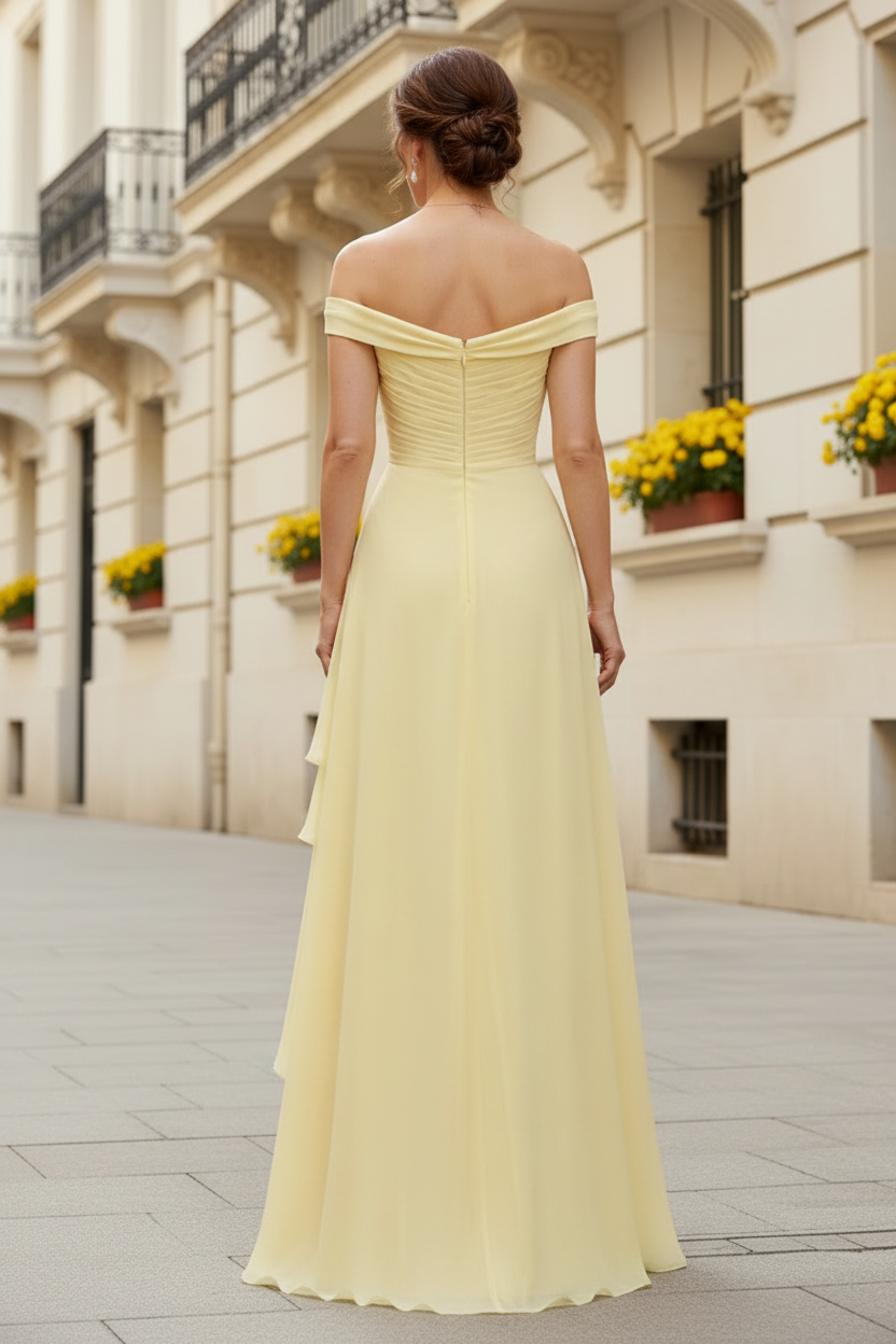 Off-the-Shoulder Ruched High-Low Chiffon Gown