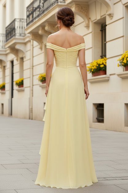 Off-the-Shoulder Ruched High-Low Chiffon Gown