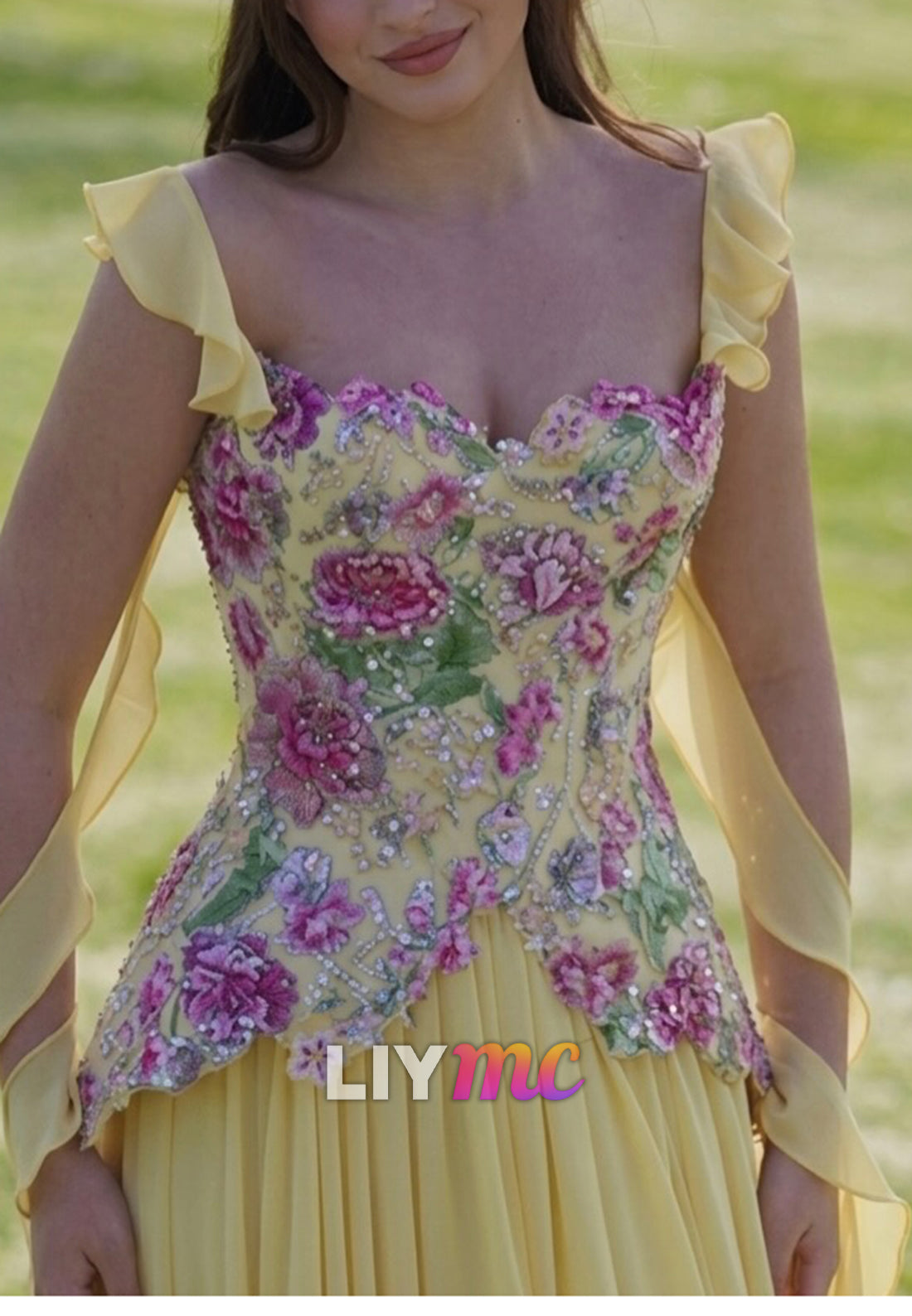Floral Embroidered Corset Chiffon Formal Gown