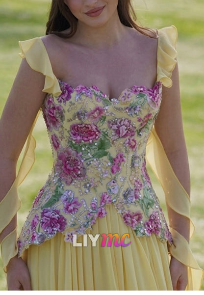 Floral Embroidered Corset Chiffon Formal Gown