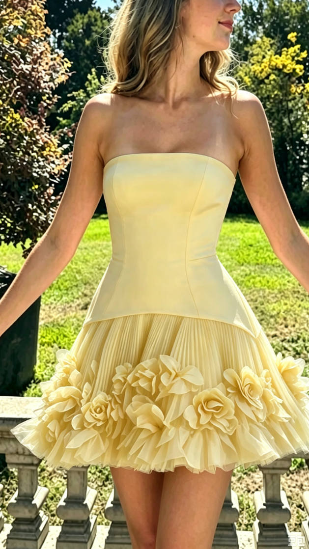 Strapless Rosette Drop-Waist Mini Dress