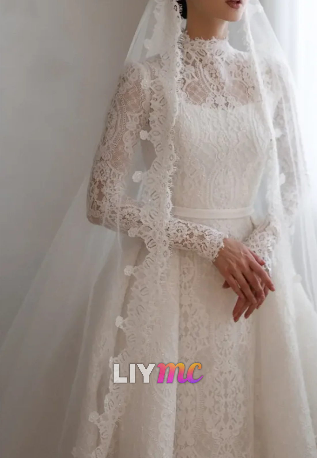 High Neck Lace Long Sleeve A-Line Wedding Dress