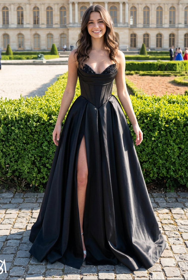 Strapless Corset Ball Gown with High Slit