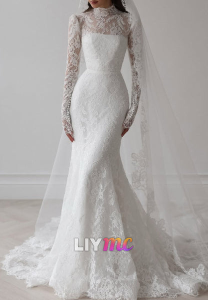 High-Neck Lace Mermaid Wedding Dress with Sleeves