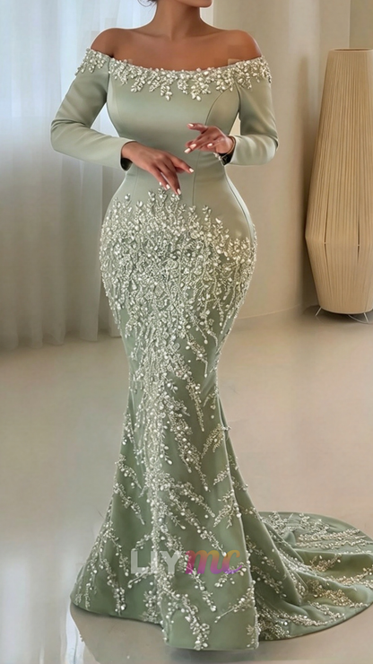 Beaded Off-the-Shoulder Long Sleeve Mermaid Gown