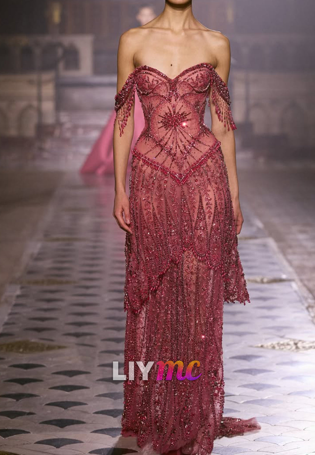 Beaded Illusion Corset Gown with Fringe Sleeves