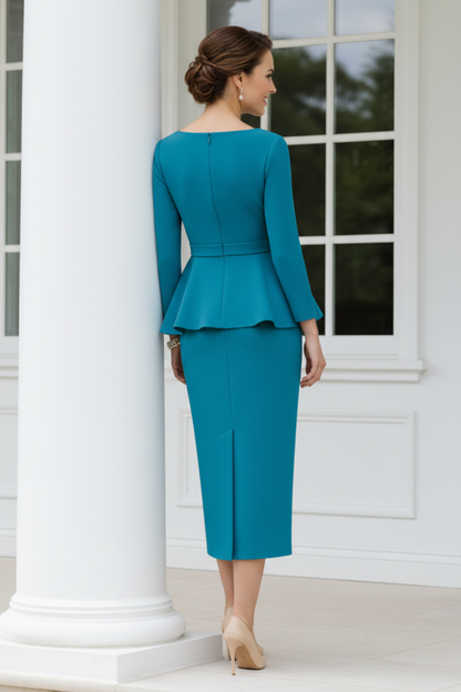 Beaded V-Neck Peplum Midi Dress with Long Sleeves