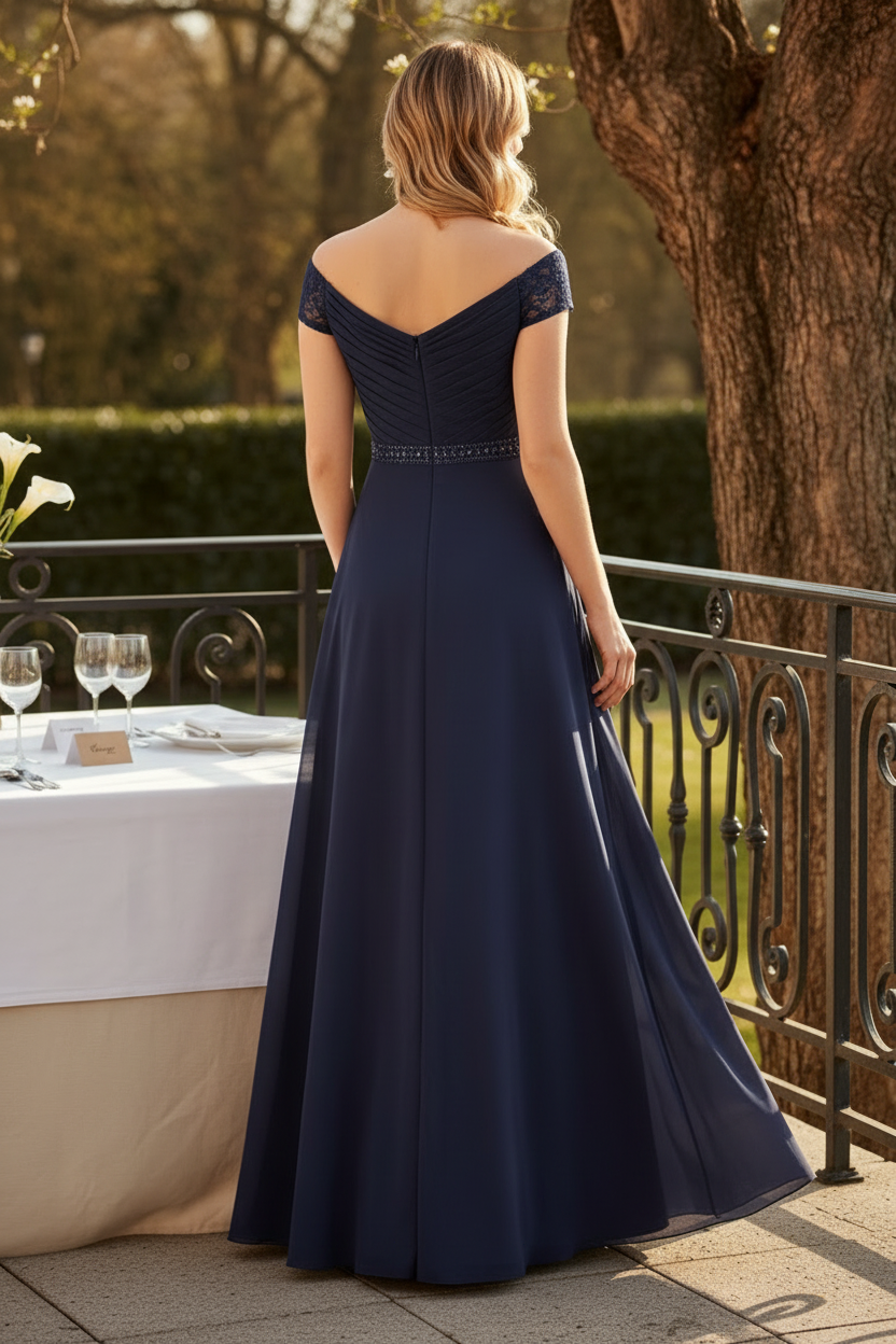 Pleated Off-the-Shoulder Gown with Lace Back