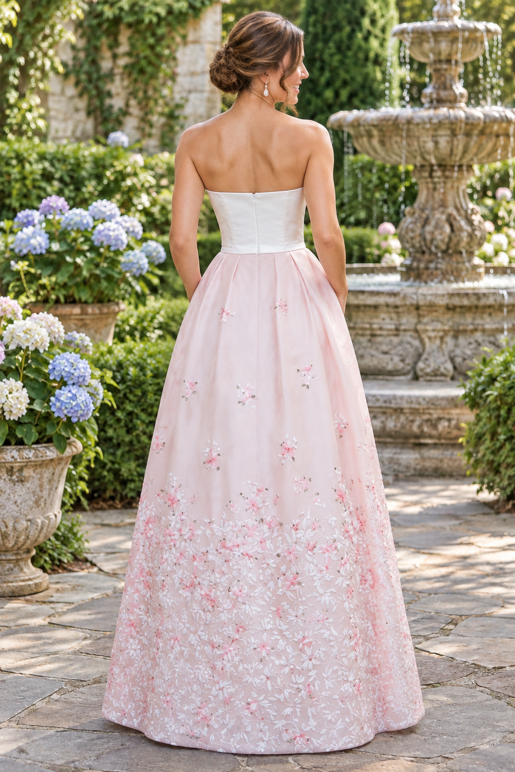 Strapless Floral A-Line Gown with Bow Waistband